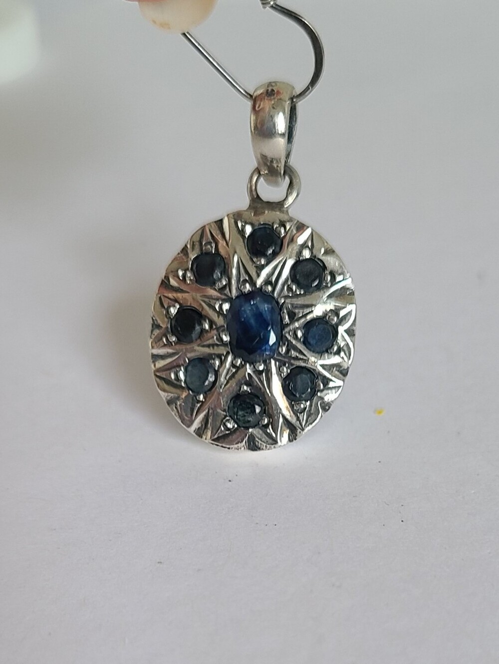 Vintage Sterling Silver Blue Sapphire Boho Gemstone Oval Drop Pendant